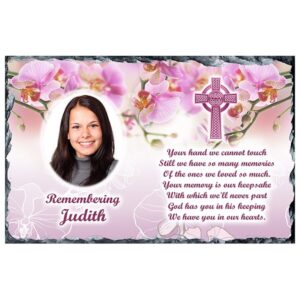 Pink Orchids & Cross & Photo Remembrance Slate