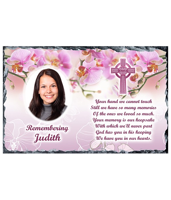 Pink Orchids & Cross & Photo Remembrance Slate-0